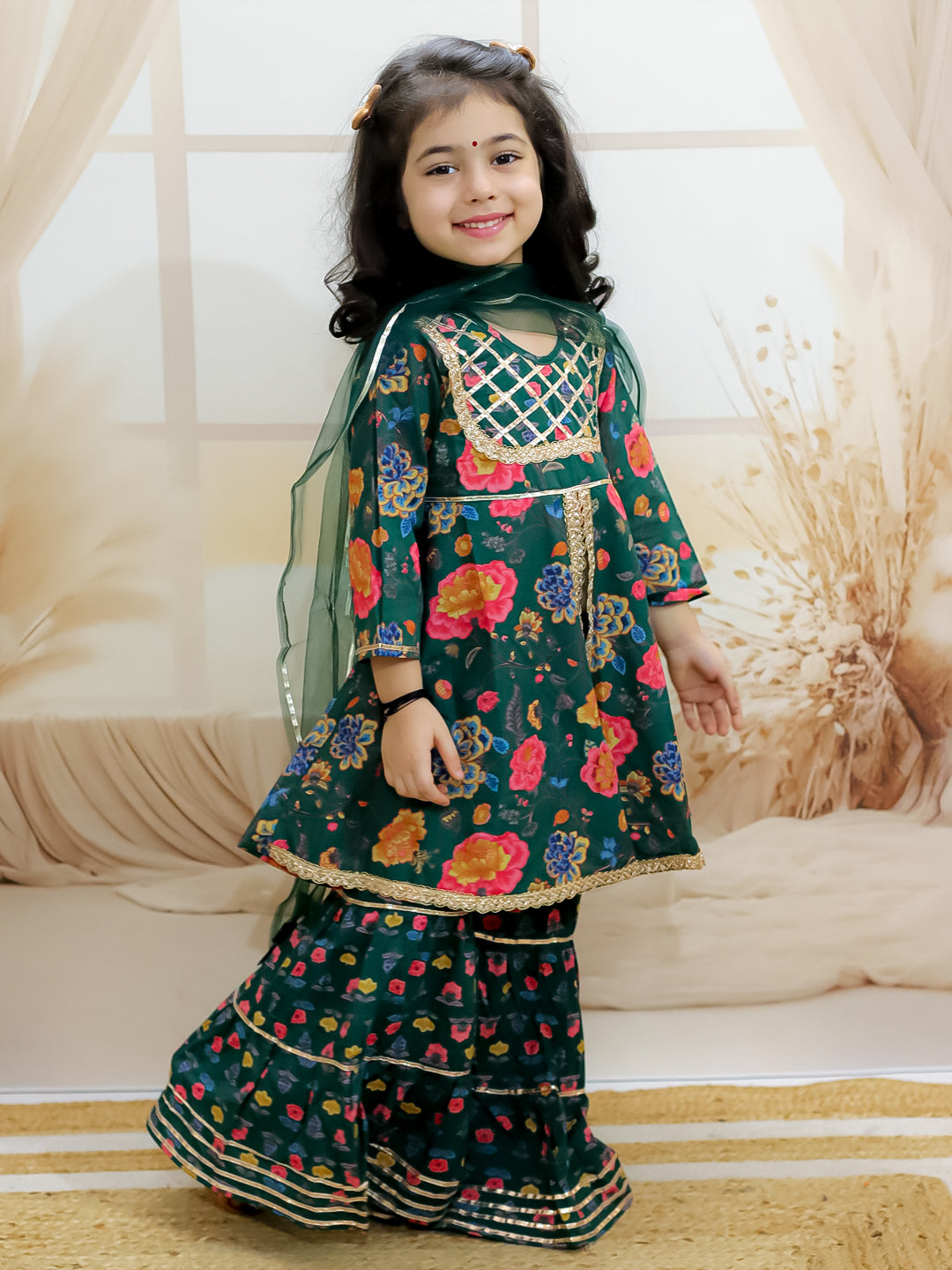 BownBee Pure Cotton Kurta with Sharara and Dupatta for Girls - Green