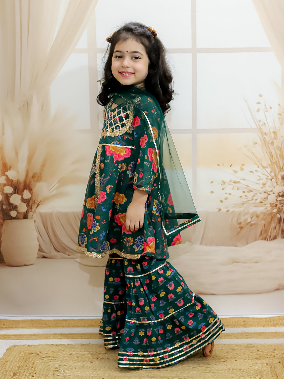 BownBee Pure Cotton Kurta with Sharara and Dupatta for Girls - Green