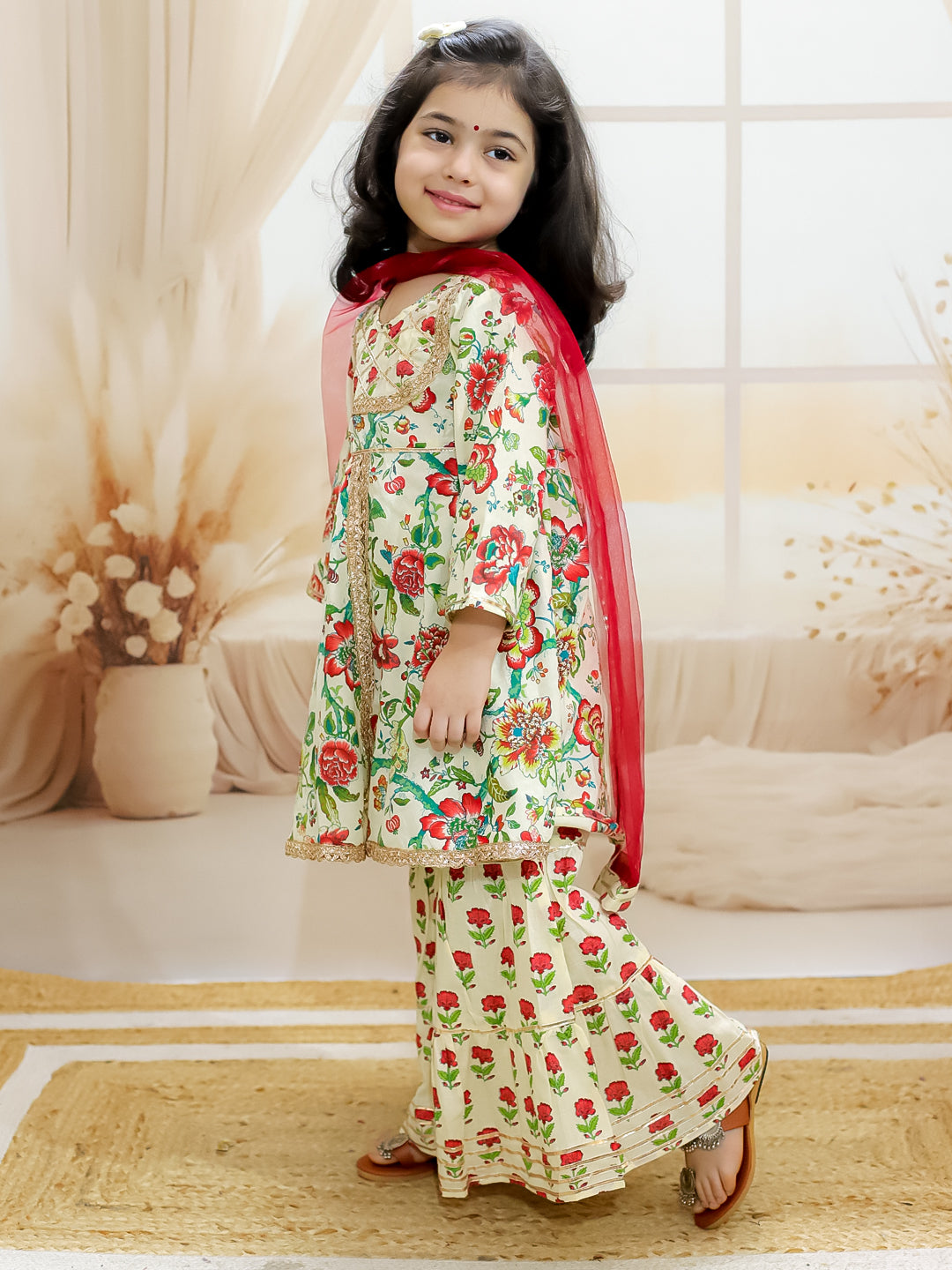 BownBee Pure Cotton Kurta with Sharara and Dupatta for Girls - Off White