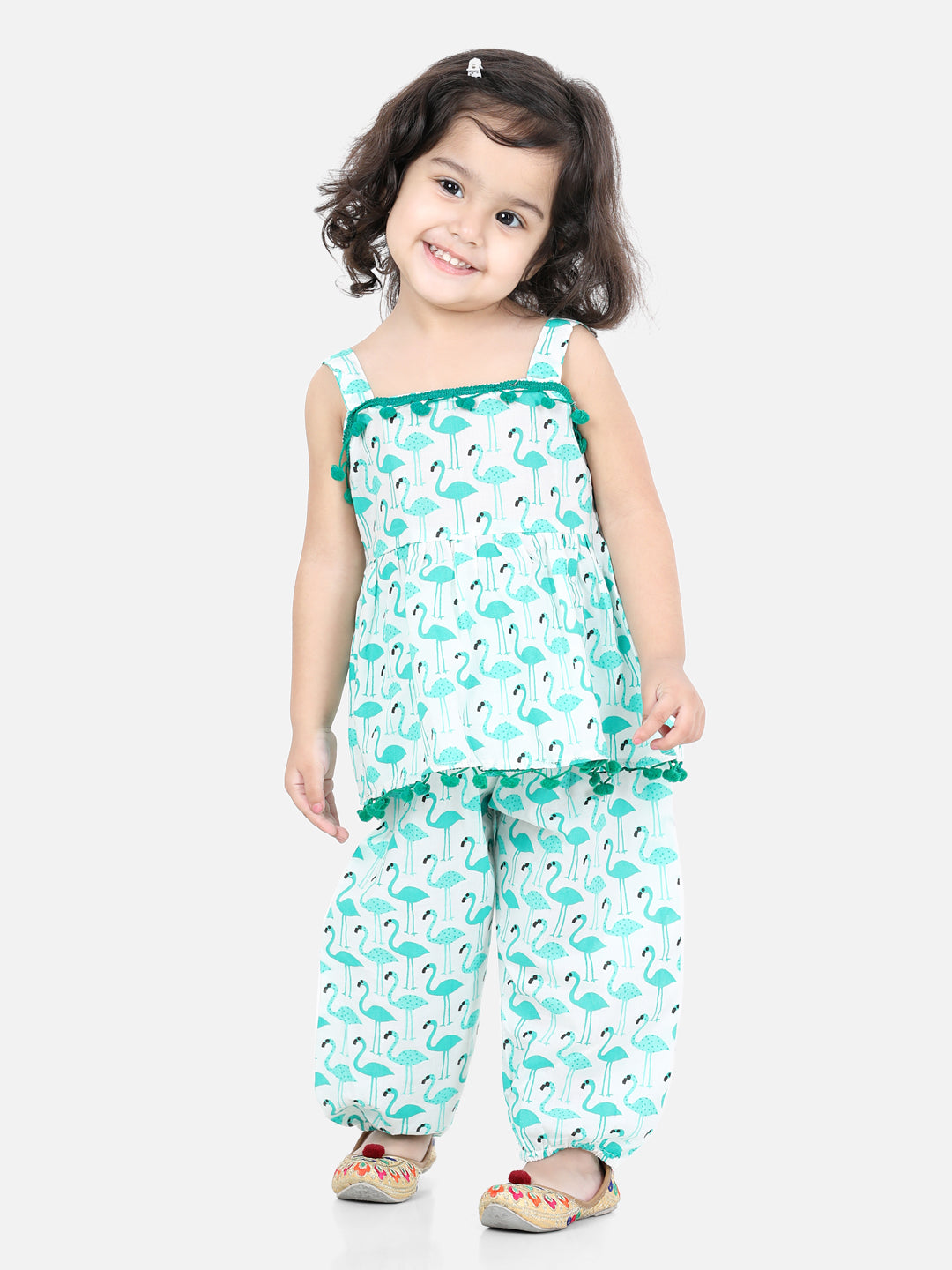 BownBee Flamingo Print Pure Cotton Top Harem Set For Girls - Green