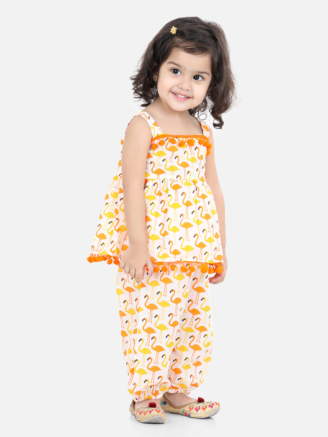 BownBee Flamingo Print Pure Cotton Top Harem Set For Girls- Orange