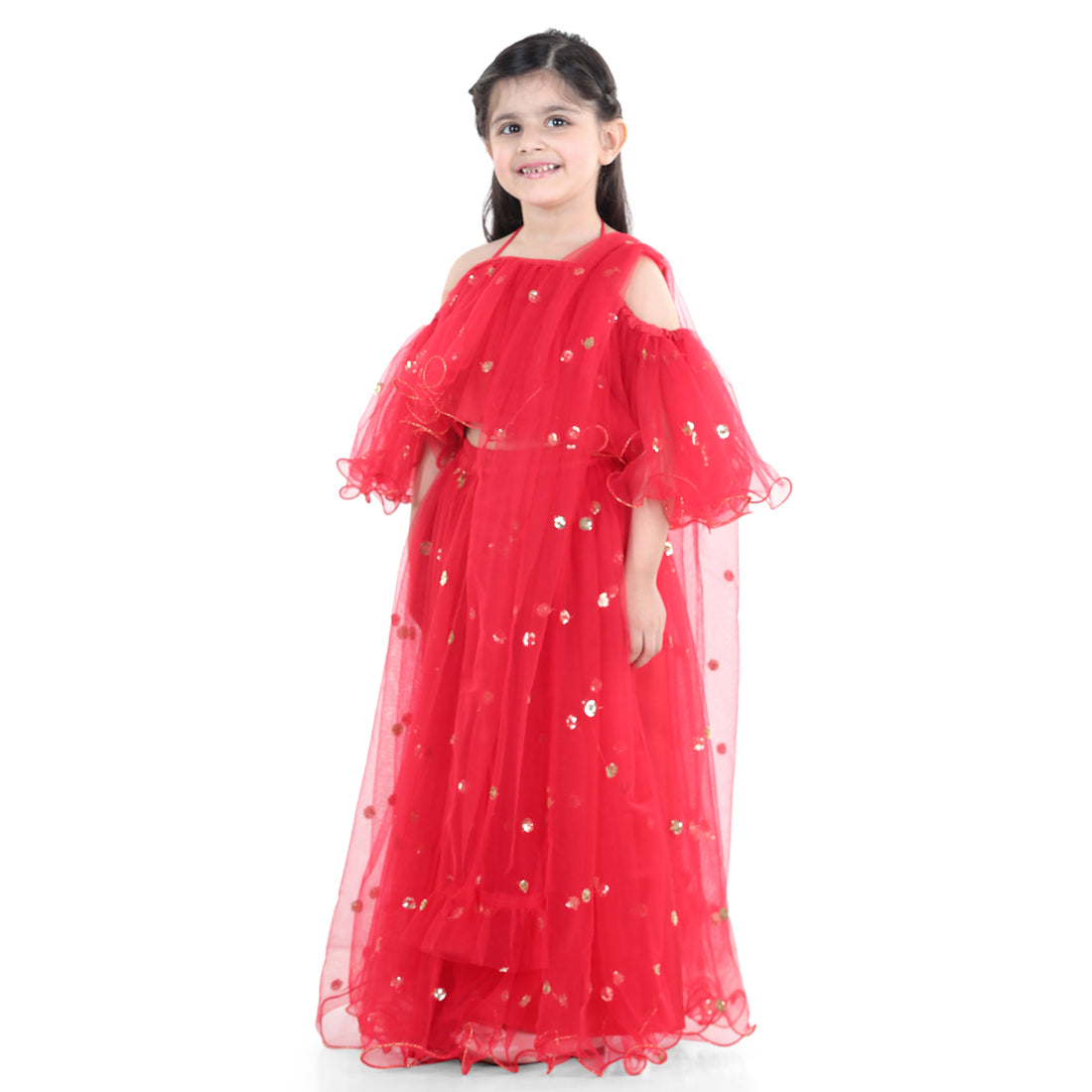 BownBee Sequin Net Lehenga with Ruffle Choli with Dupatta For Girls - Red