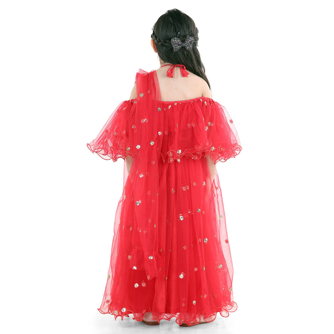 BownBee Sequin Net Lehenga with Ruffle Choli with Dupatta For Girls - Red