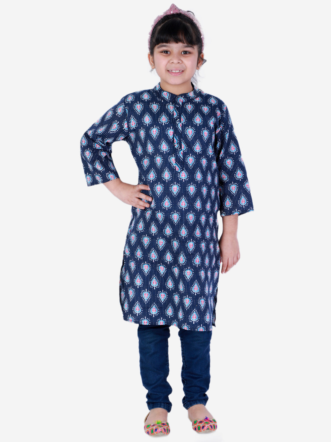 BownBee Block Print Cotton Kurta for Girls- Blue