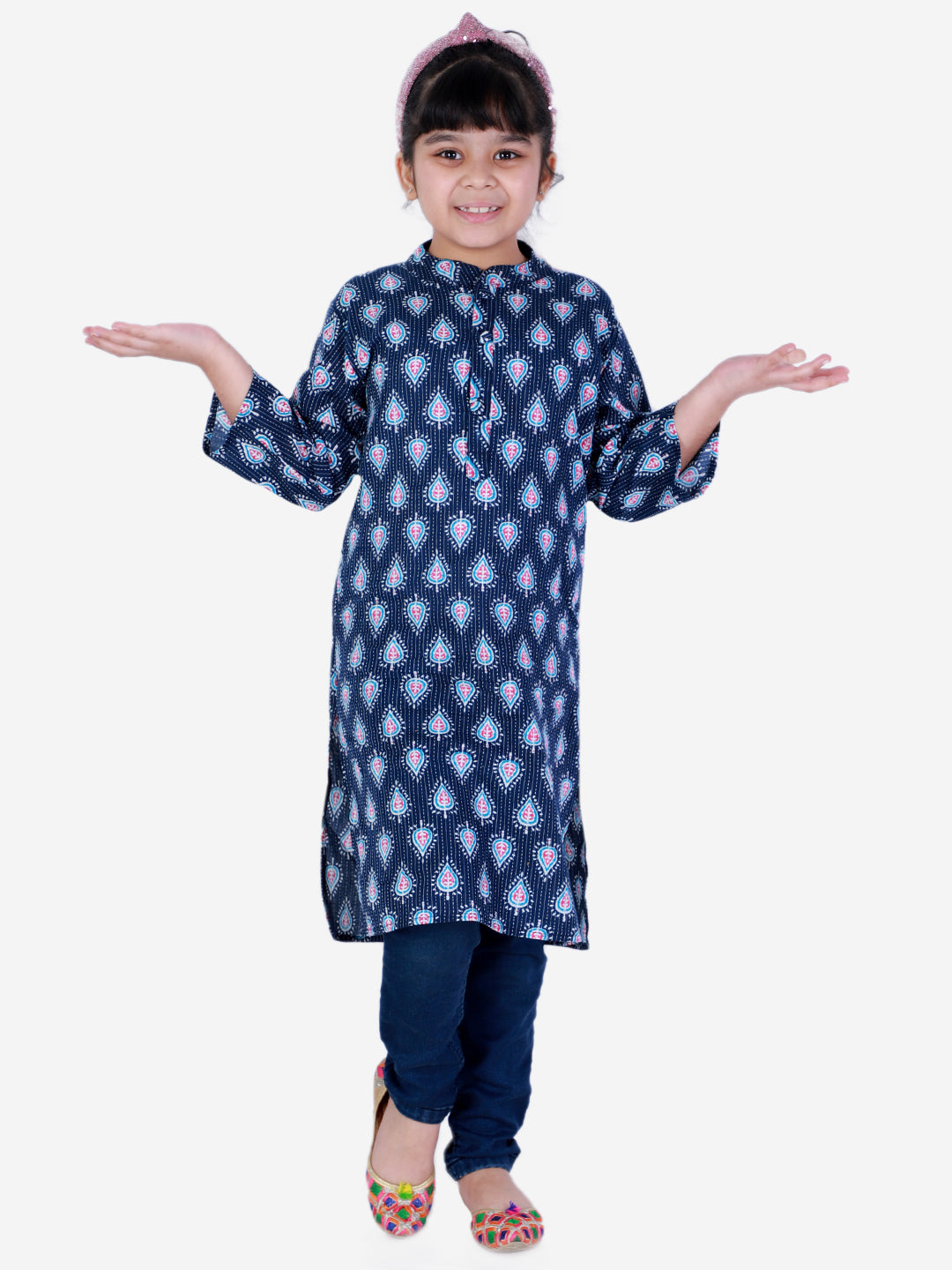 BownBee Block Print Cotton Kurta for Girls- Blue