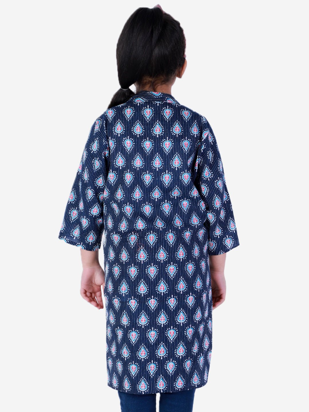 BownBee Block Print Cotton Kurta for Girls- Blue