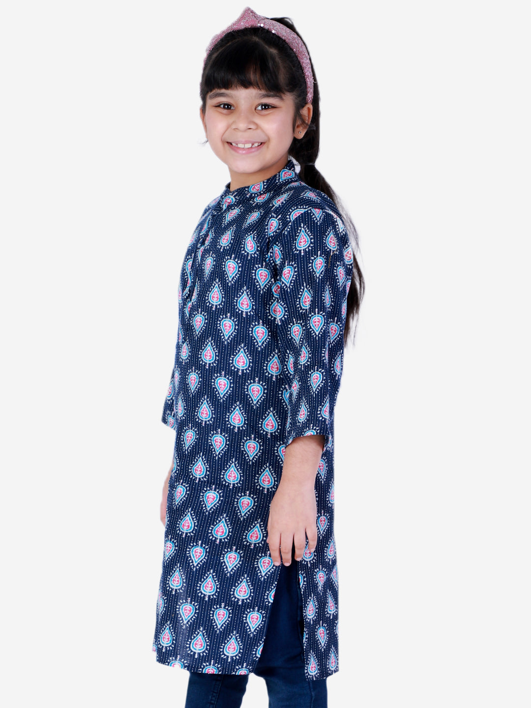 BownBee Block Print Cotton Kurta for Girls- Blue