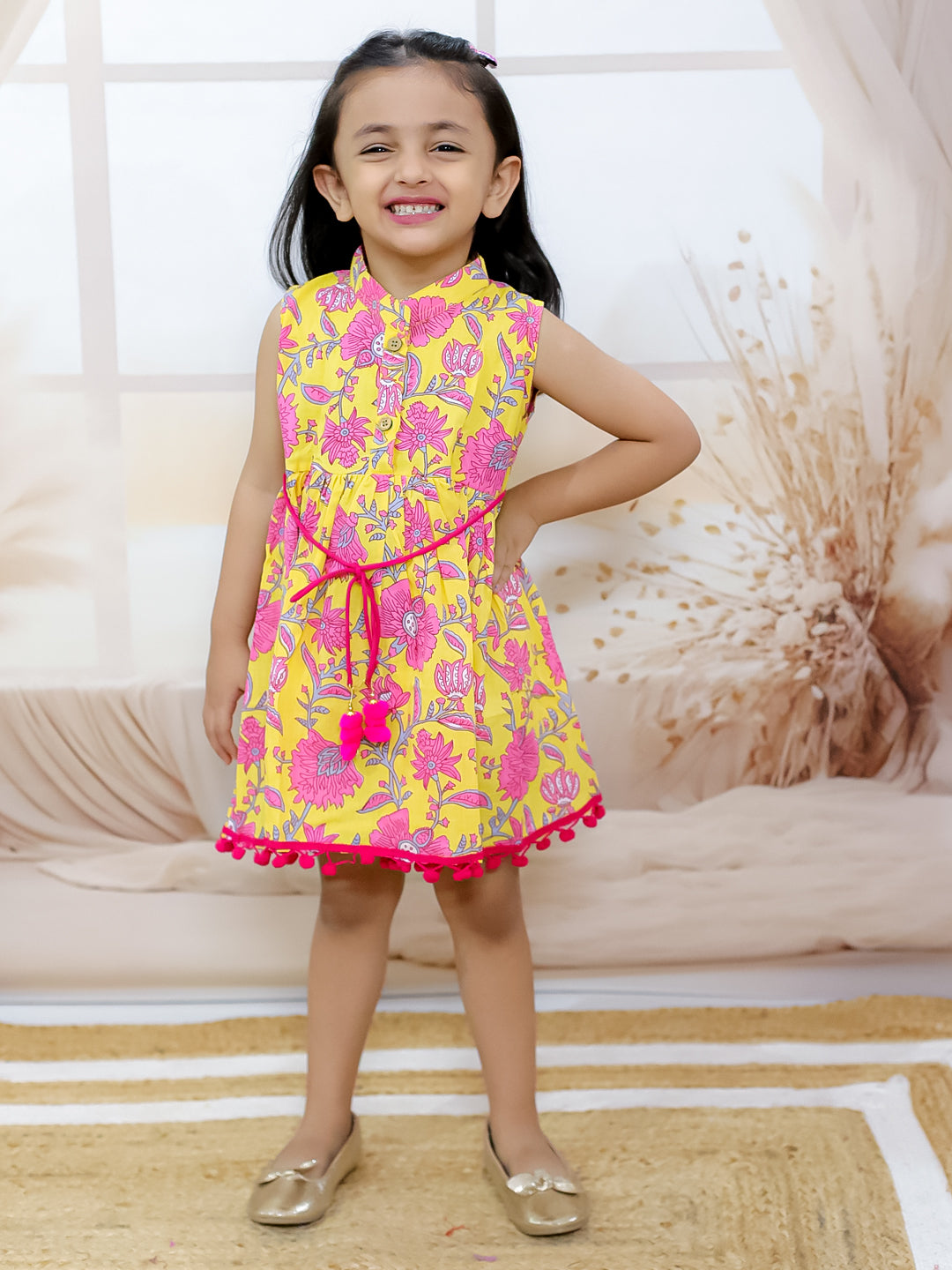 BownBee Pure Cotton Printed Frock for Girls- Yellow