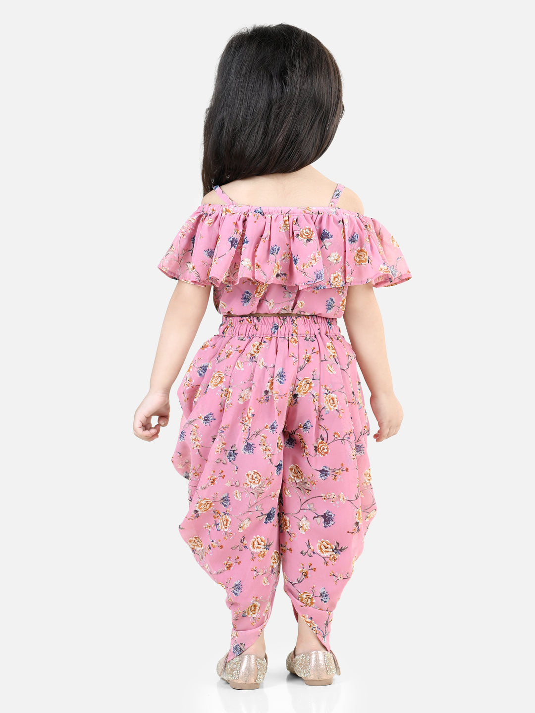 BownBee Printed Ruffle Georgette Top with Dhoti for Girls - Pink