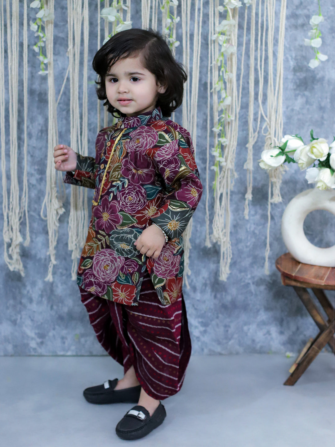 BownBee Printed Full Sleeve Kurta Dhoti for Boys - Purple