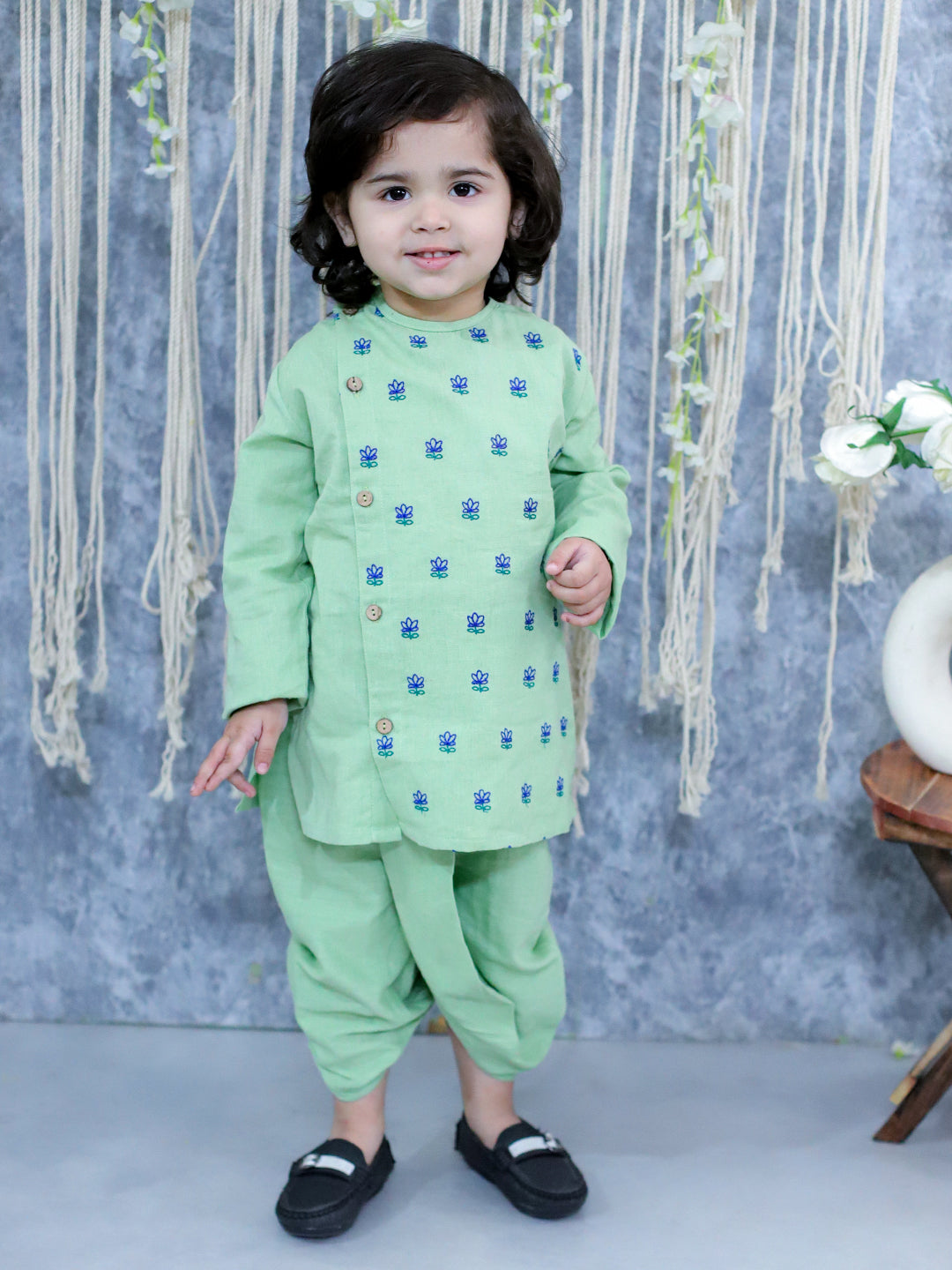 BownBee Sibling Set Embroidered Full Sleeve Pure Cotton Kurta with Dhoti for Boys and Cotton Embroidered Top with Palazzo Pants for Girls- Green