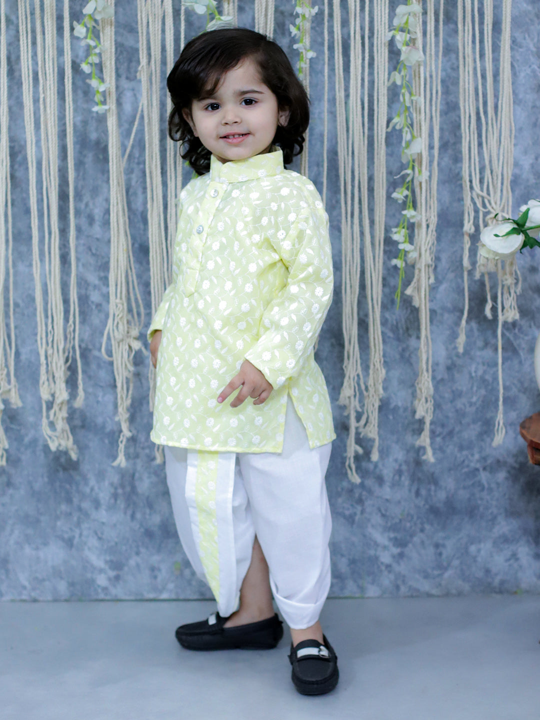 BownBee Chikan Cotton Full Sleeve Kurta with Dhoti for Boys- Yellow