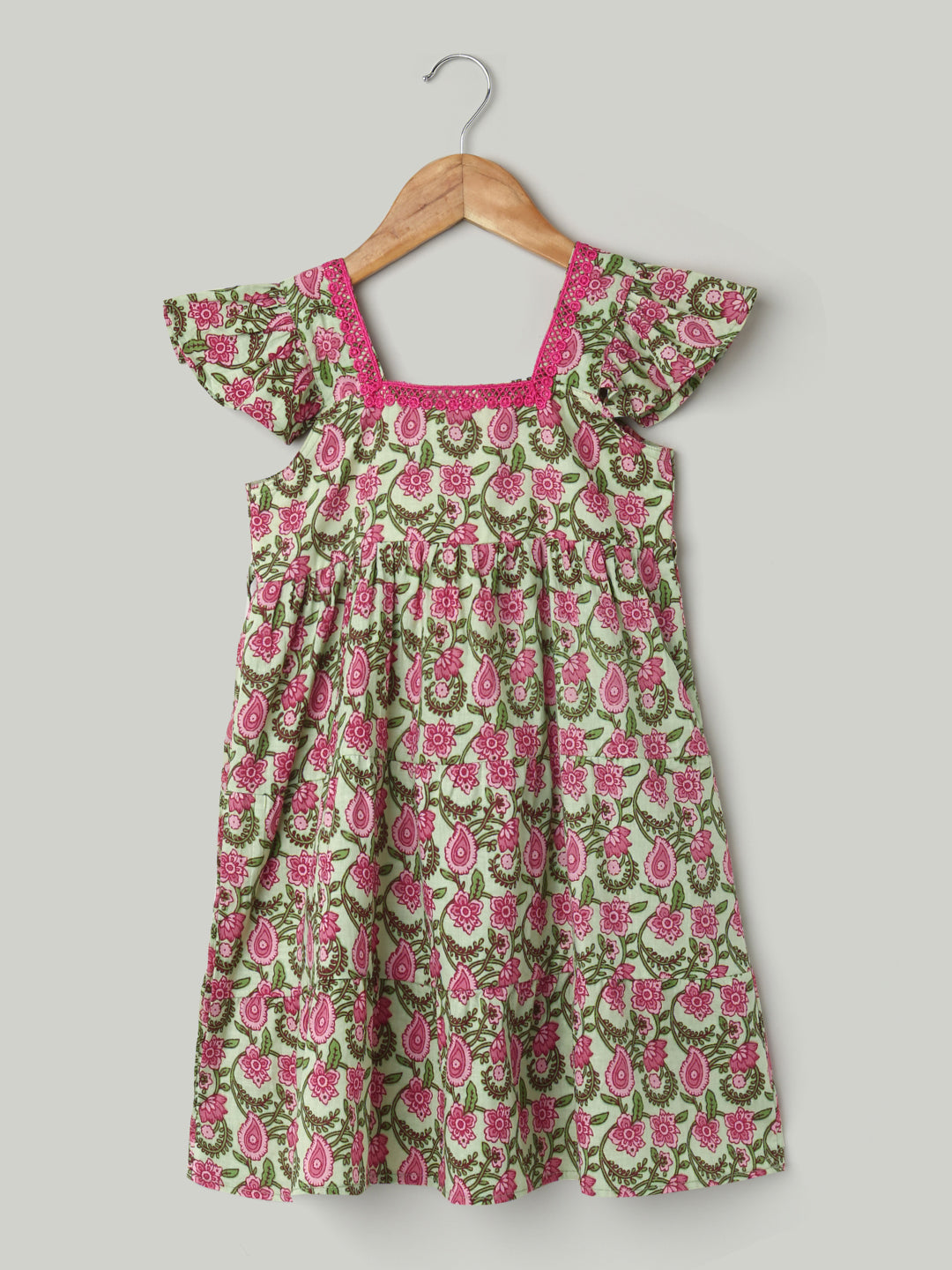 BownBee Printed Pure Cotton Summer Frock for Girls - Green