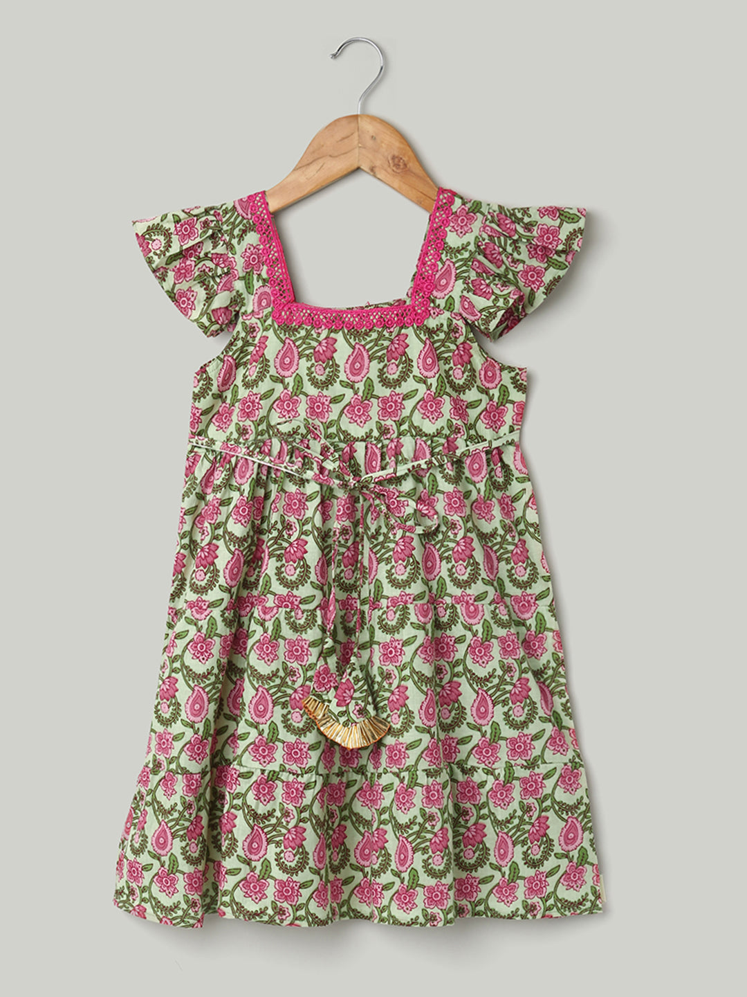 BownBee Printed Pure Cotton Summer Frock for Girls - Green