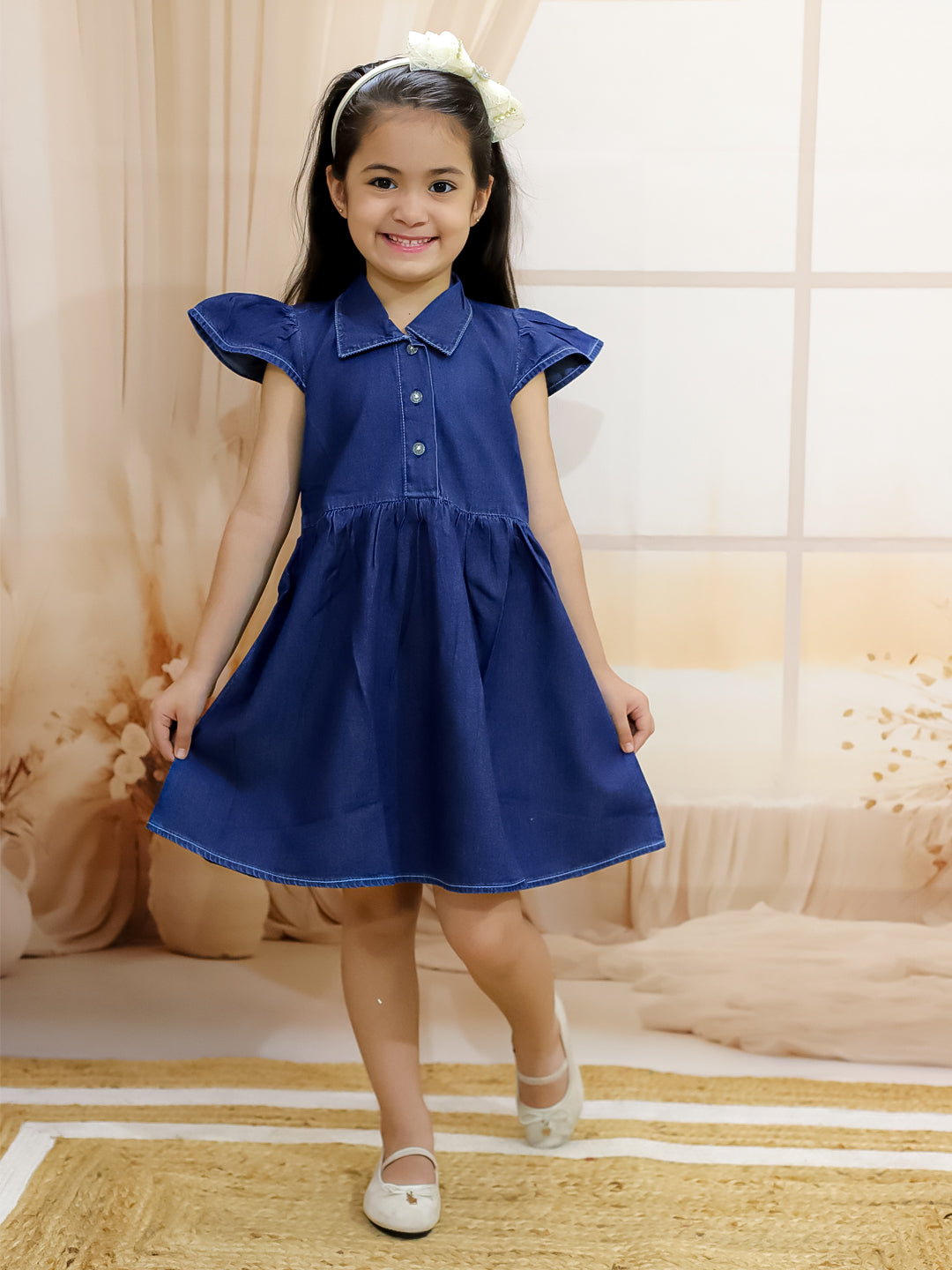 BownBee Girls Ruffle Sleeve Denim Dress For Baby -Dark Blue