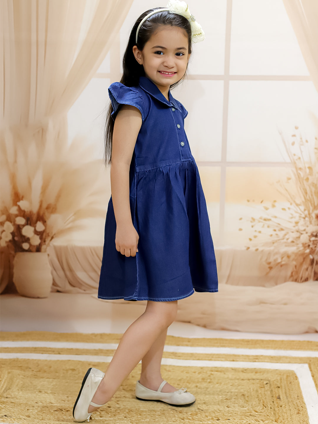 BownBee Girls Ruffle Sleeve Denim Dress For Baby -Dark Blue