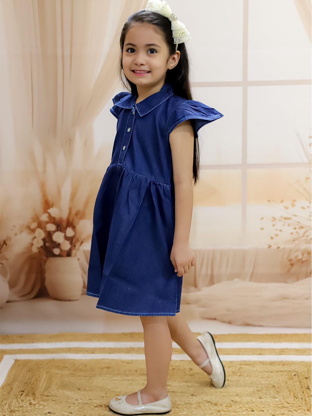 BownBee Girls Ruffle Sleeve Denim Dress For Baby -Dark Blue