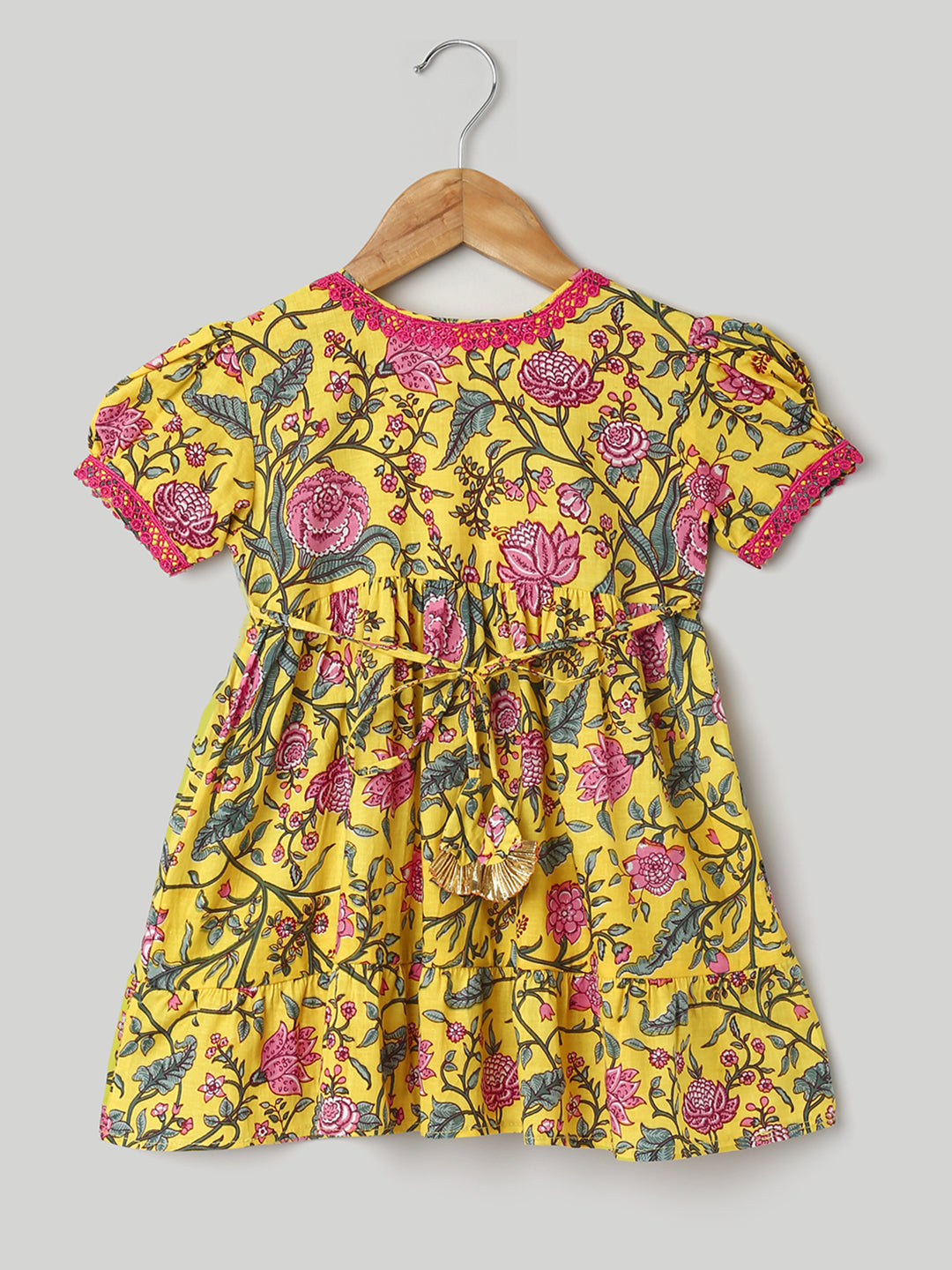 BownBee Pure Printed Cotton Puff Sleeve Summer Frock for Girls - Pink