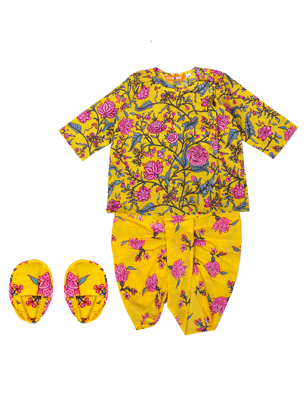 BownBee New Born and Infant Baby Dress Pure Cotton Kurta Dhoti with Booties Set for Baby Boy- Yellow