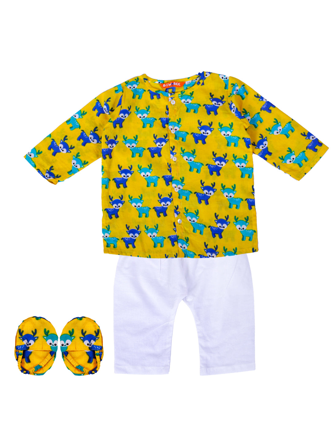 BownBee New Born and Infant Baby Dress Pure Cotton Kurta Pajama with Booties Set for Baby Boy- Yellow