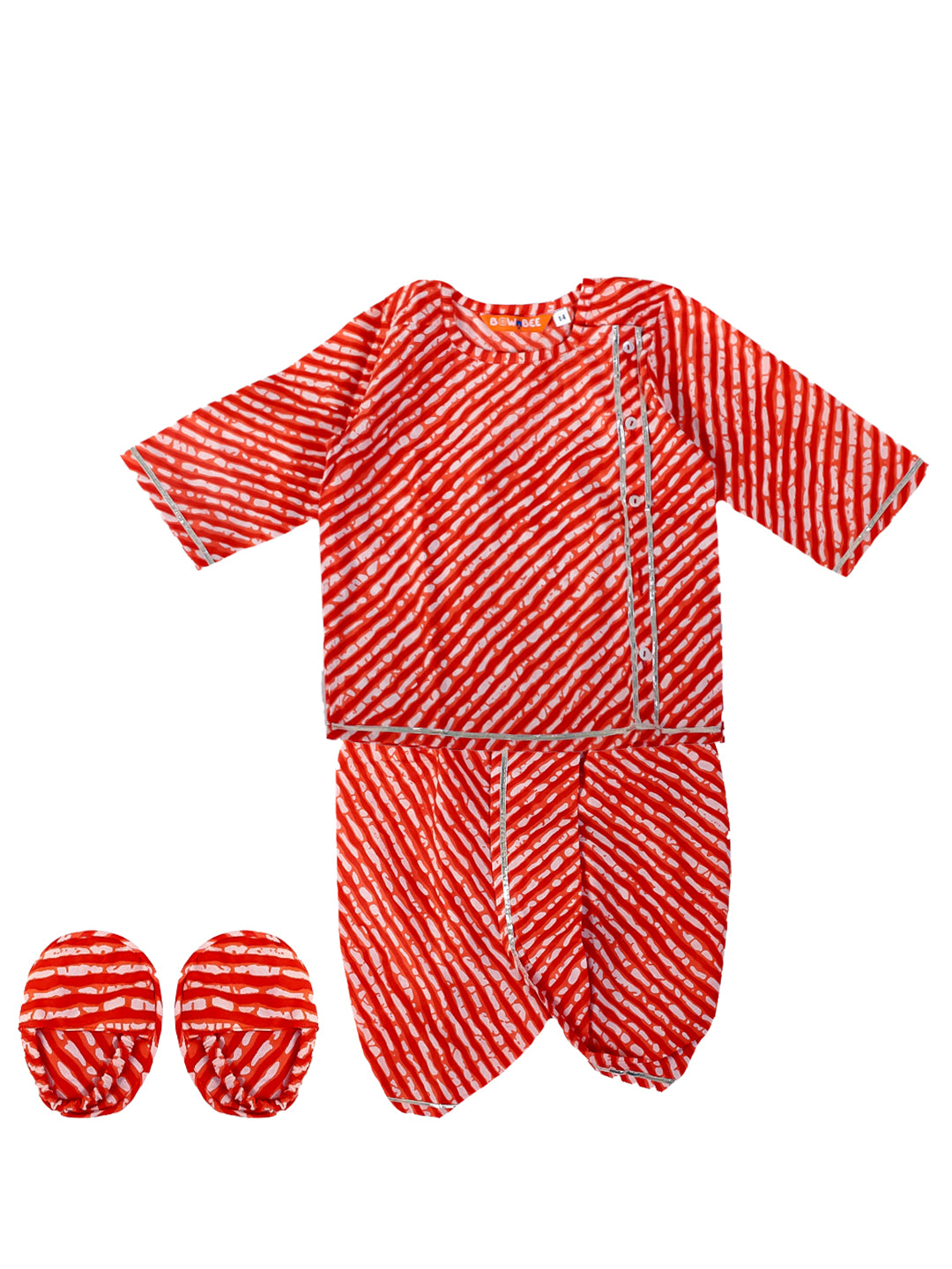 BownBee Pure Cotton Leheriya Print Kurta Dhoti with Booties Set for Baby Boy- Orange