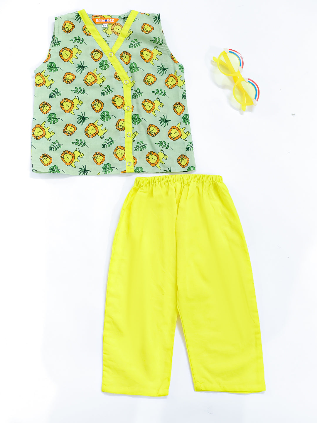 BownBee Pure Cotton Lion Print Kurta Pajama Set for Baby Boy- Green