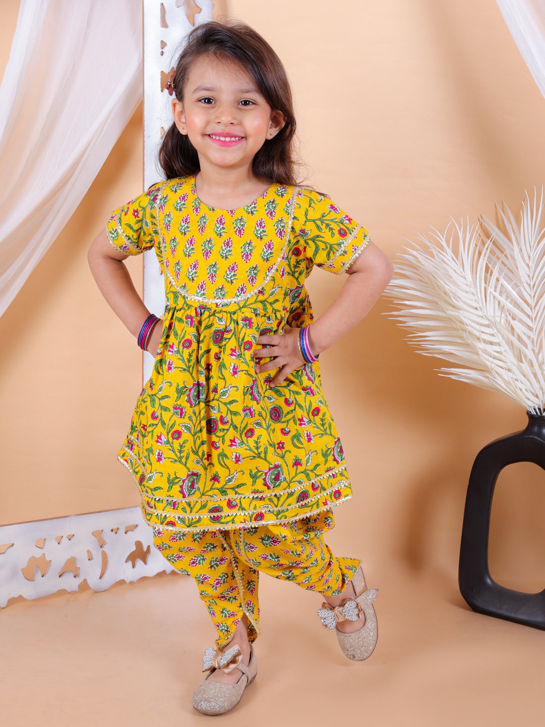 BownBee Sibling Set Pure Cotton Printed Kurta Dhoti with Pure Cotton Patch Top Dhoti - Yellow