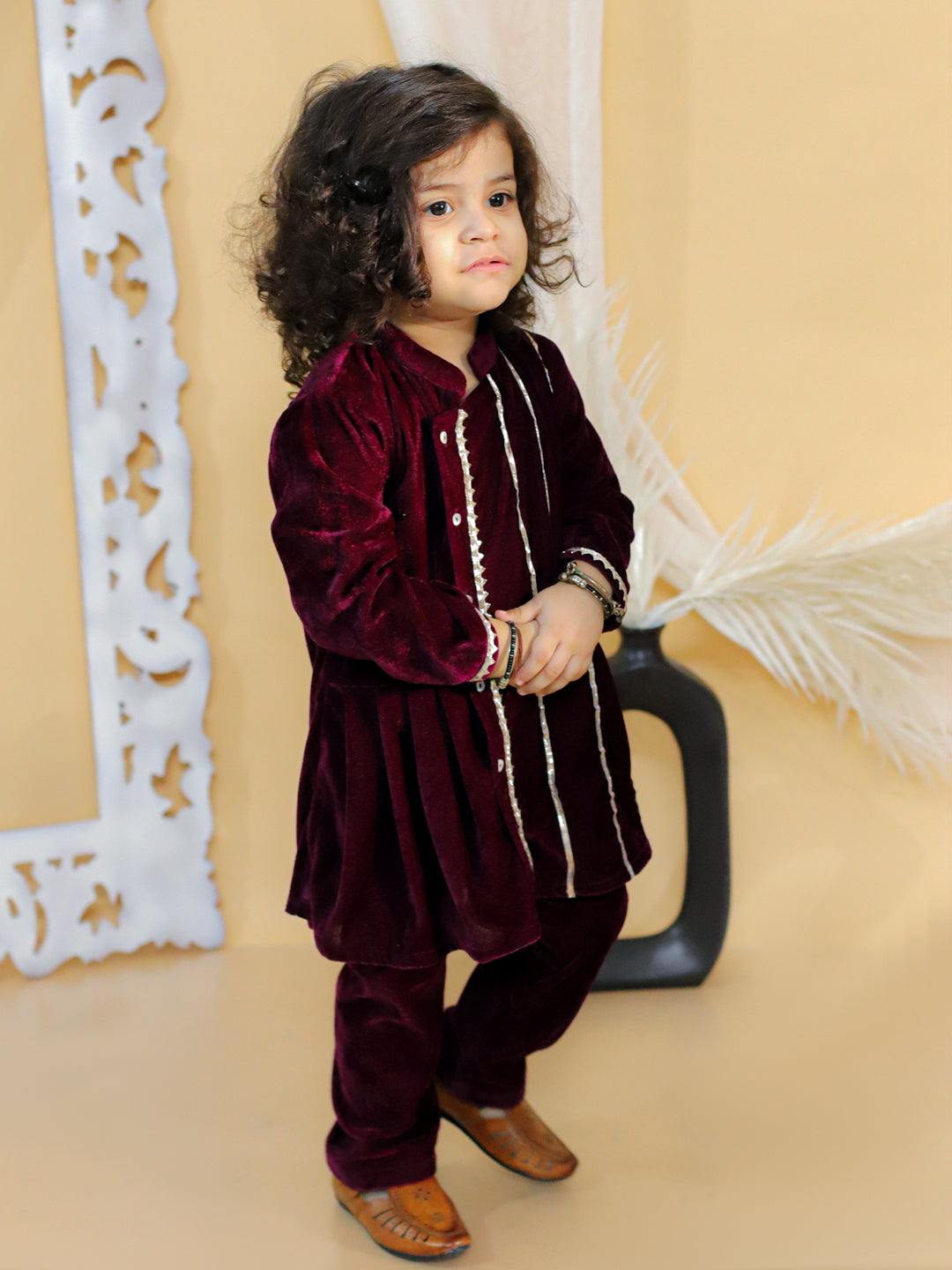 BownBee Sibling sets Boy Ethnic Front Open Embellished Velvet Full Sleeve Kurta with Pajama and Girl Ethnic Wedding Gota Work Anarkali Kurta with Sharara and Dupatta Set-Purple(Pre-Order)