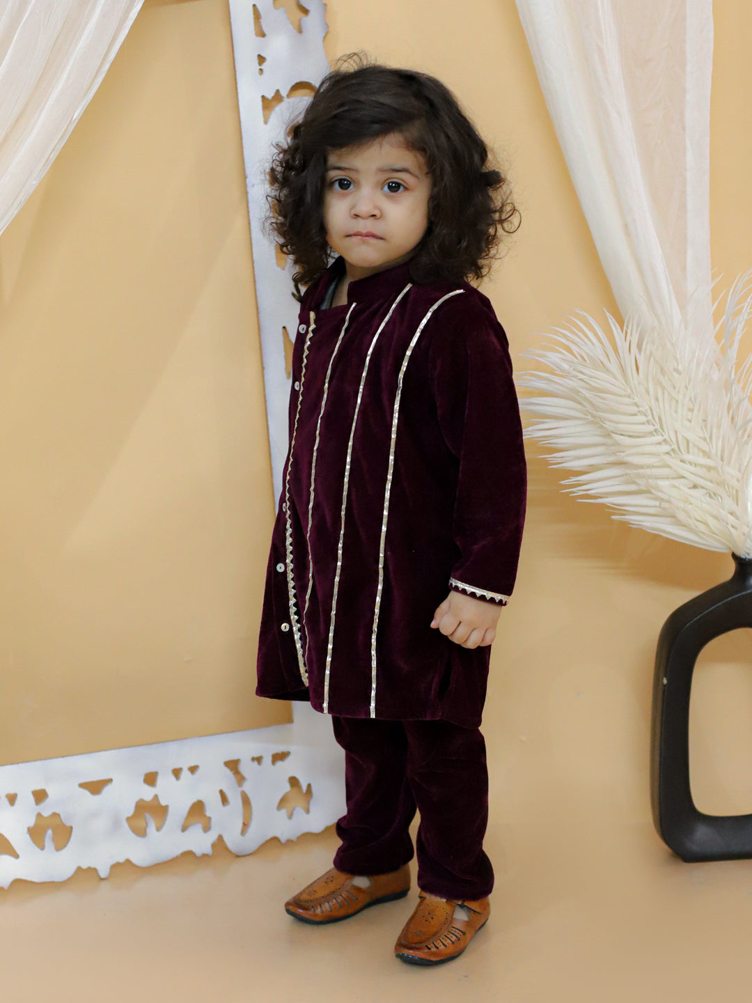 BownBee Sibling sets Boy Ethnic Front Open Embellished Velvet Full Sleeve Kurta with Pajama and Girl Ethnic Wedding Gota Work Anarkali Kurta with Sharara and Dupatta Set-Purple(Pre-Order)