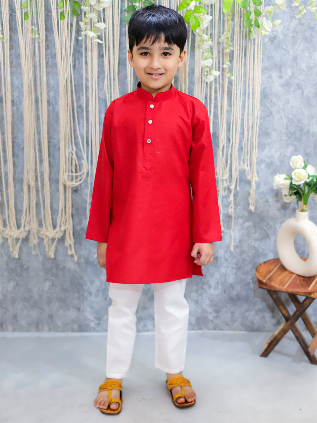 BownBee Jacquard Jacket with Full Sleeve Cotton Kurta Pajama for Boys - Red