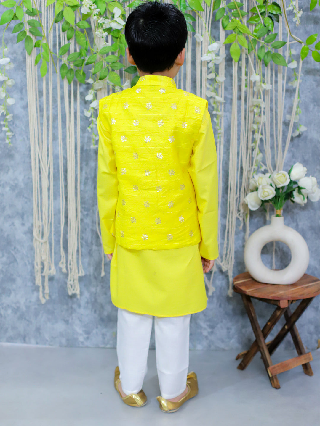 BownBee Jacquard Jacket with Full Sleeve Cotton Kurta Pajama for Boys- Yellow