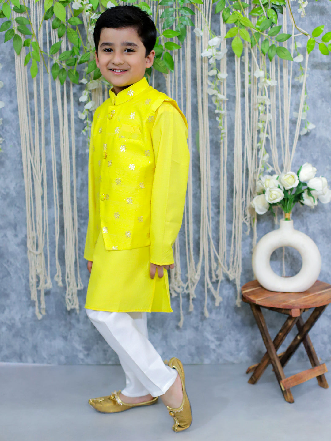 BownBee Jacquard Jacket with Full Sleeve Cotton Kurta Pajama for Boys- Yellow