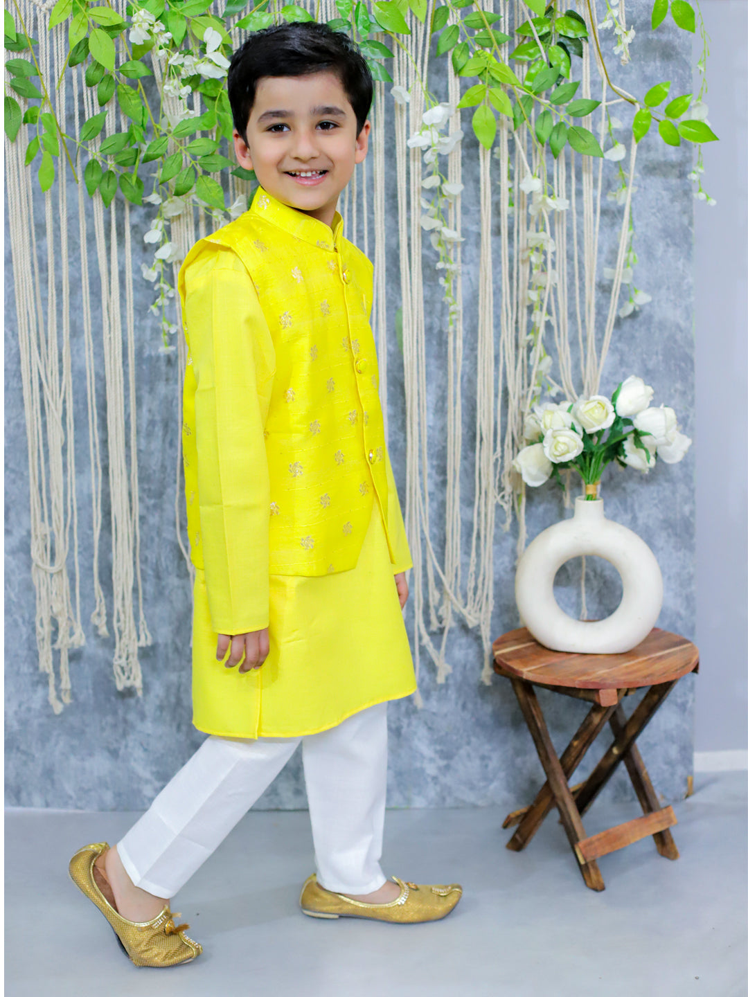 BownBee Jacquard Jacket with Full Sleeve Cotton Kurta Pajama for Boys- Yellow