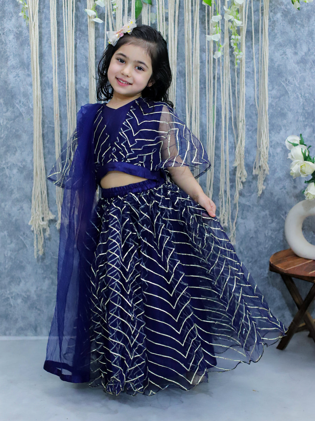 BownBee Net Choli with Heavy Net Lehenga & Dupatta for Girls- Blue