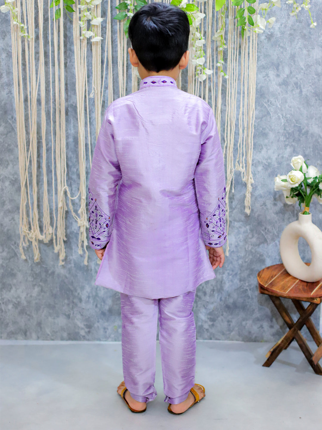 BownBee Embroidered Full Sleeve Sherwani with Pajama for Boys- Purple