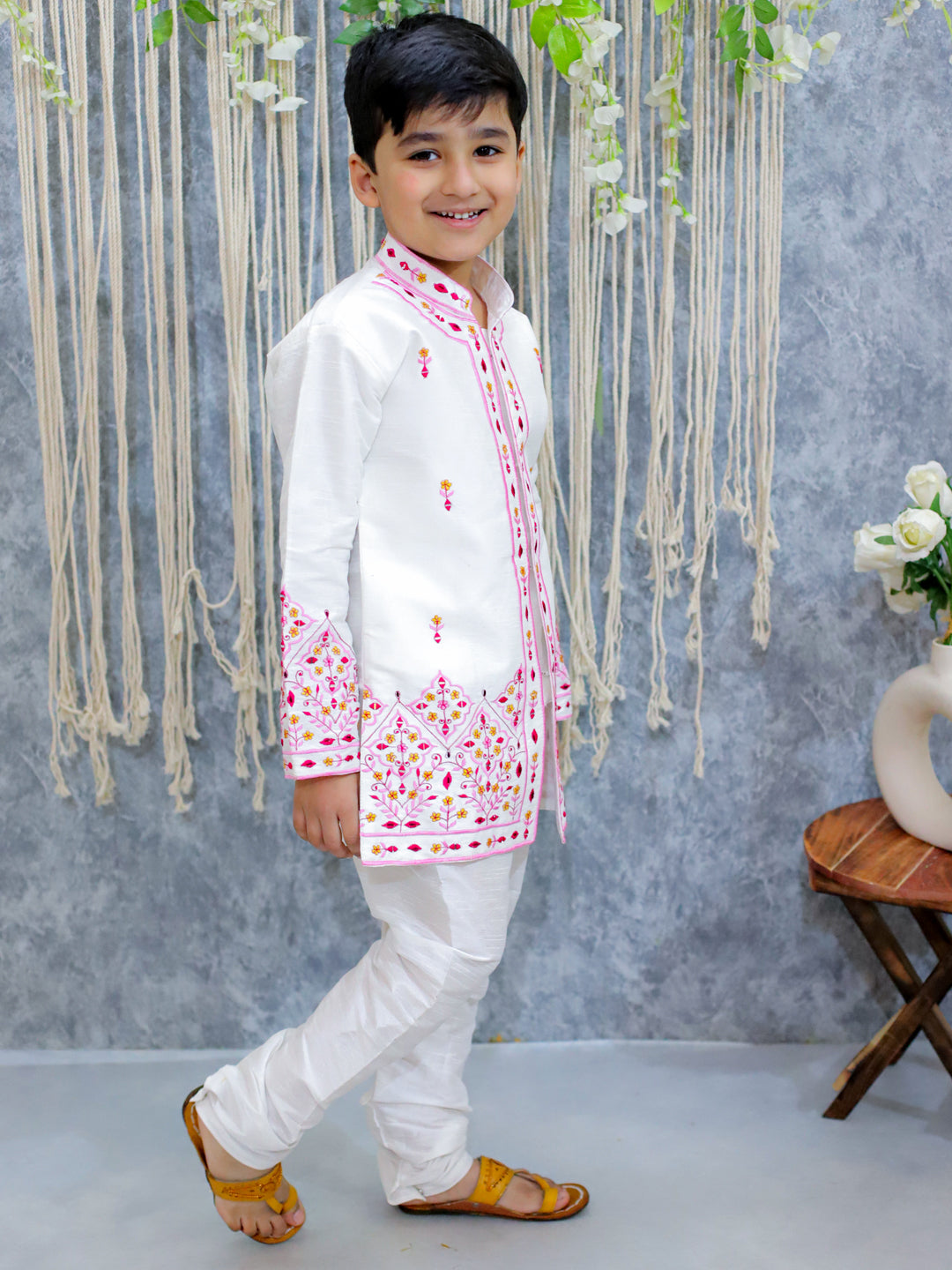 BownBee Embroidered Full Sleeve Sherwani with Pajama for Boys- White