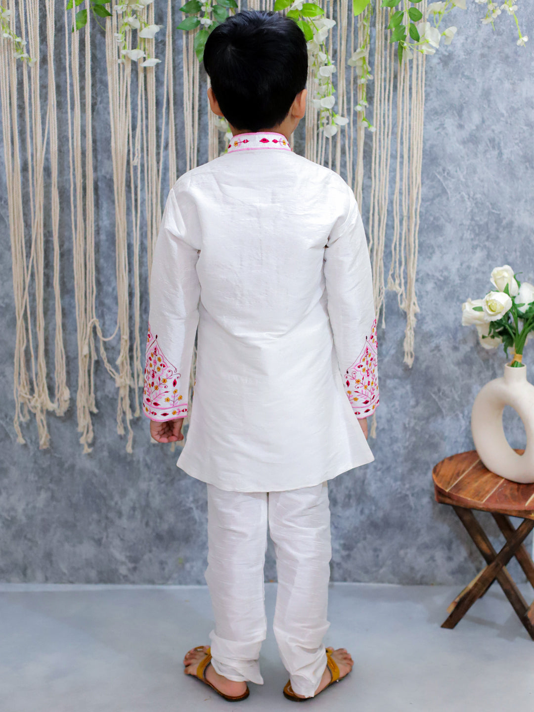 BownBee Embroidered Full Sleeve Sherwani with Pajama for Boys- White