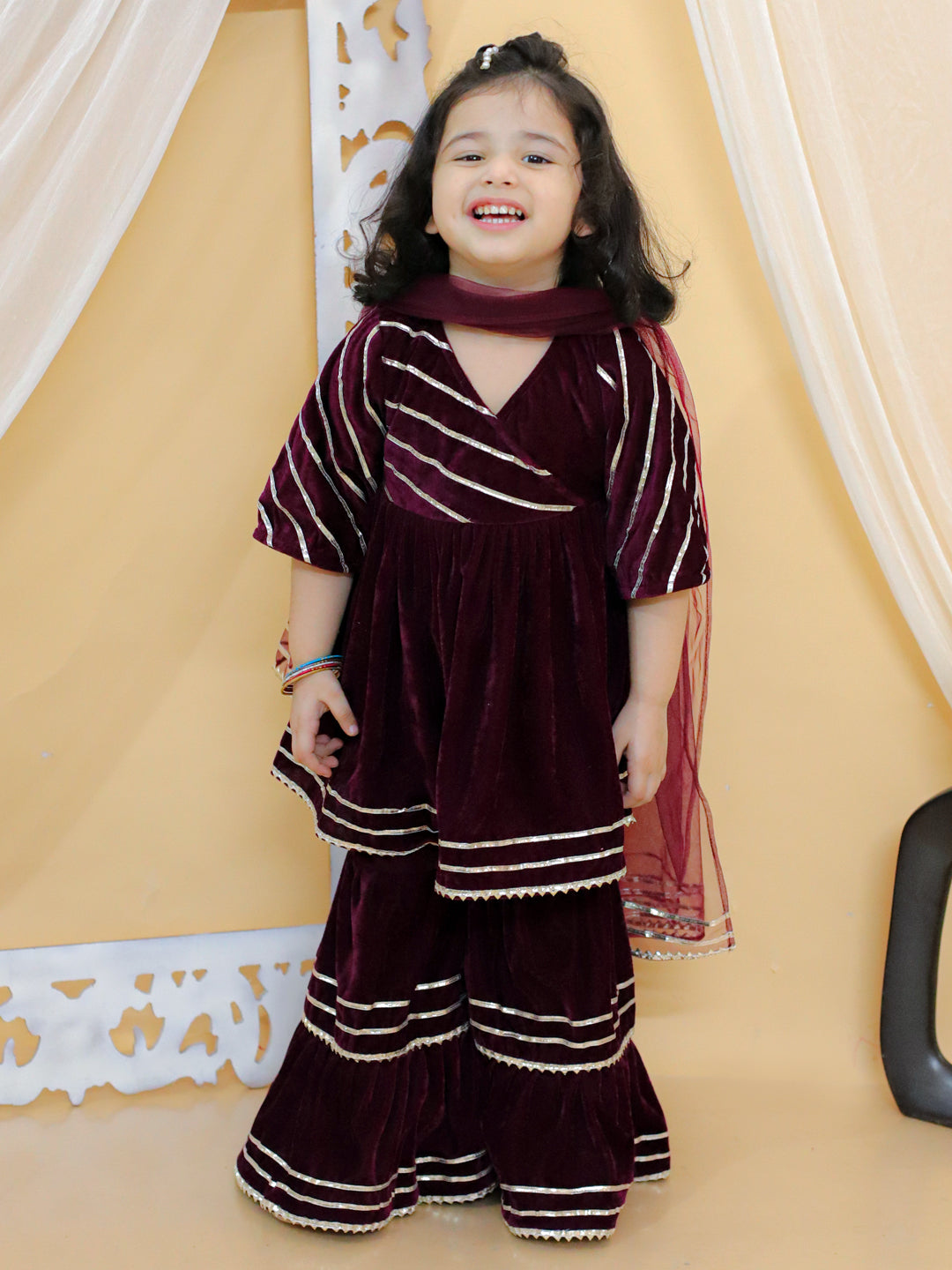 BownBee Sibling sets Boy Ethnic Front Open Embellished Velvet Full Sleeve Kurta with Pajama and Girl Ethnic Wedding Gota Work Anarkali Kurta with Sharara and Dupatta Set-Purple(Pre-Order)