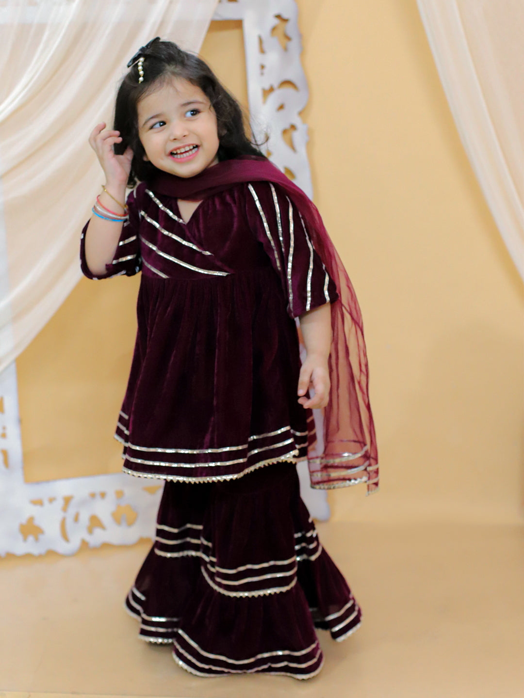 BownBee Sibling sets Boy Ethnic Front Open Embellished Velvet Full Sleeve Kurta with Pajama and Girl Ethnic Wedding Gota Work Anarkali Kurta with Sharara and Dupatta Set-Purple(Pre-Order)