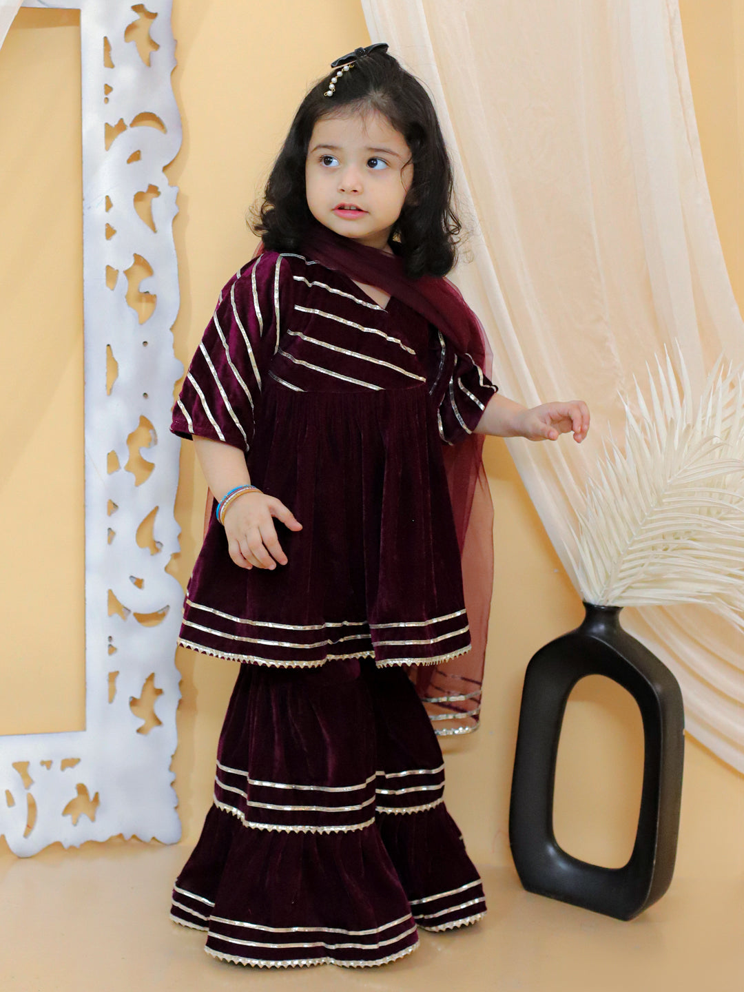 BownBee Sibling sets Boy Ethnic Front Open Embellished Velvet Full Sleeve Kurta with Pajama and Girl Ethnic Wedding Gota Work Anarkali Kurta with Sharara and Dupatta Set-Purple(Pre-Order)