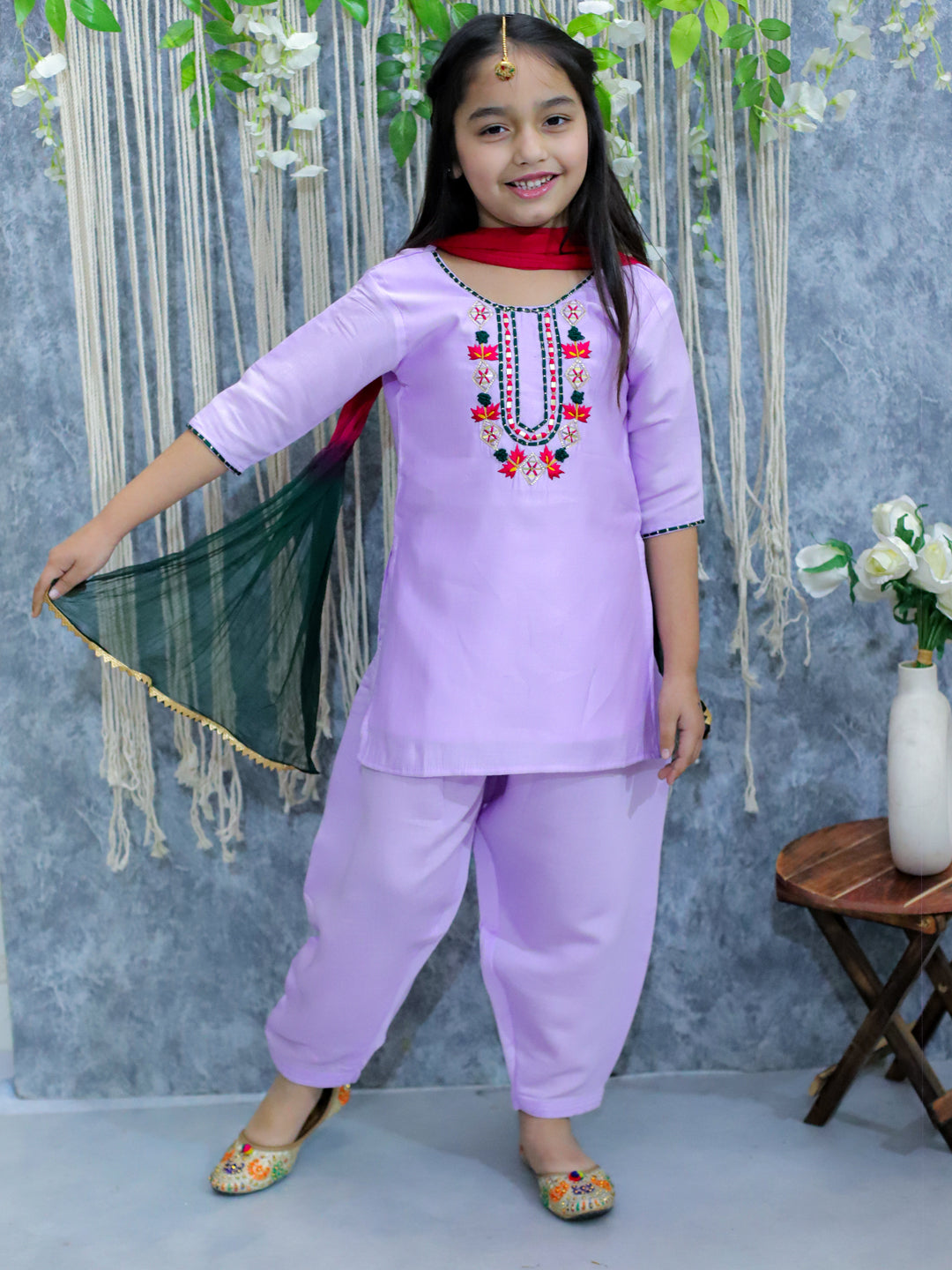 BownBee Embroidered Full Sleeve Dhoti Kurta & Salwaar Suit with Dupatta Sibling Set- Lavender