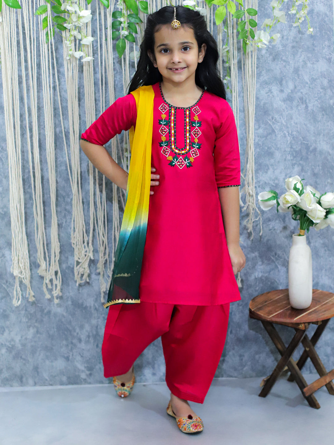 BownBee Sibling Set Embroidered Full Sleeve Dhoti Kurta for Boys and Embroidered Kurti with Salwar and Dupatta for Girls- Pink