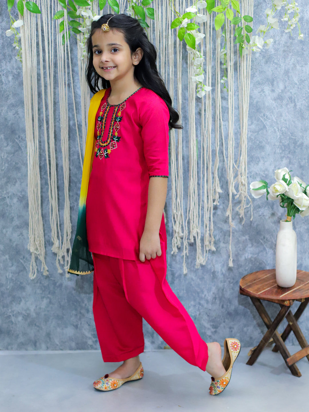 BownBee Embroidered Full Sleeve Dhoti Kurta & Salwaar Suit with Dupatta Sibling Set- Pink