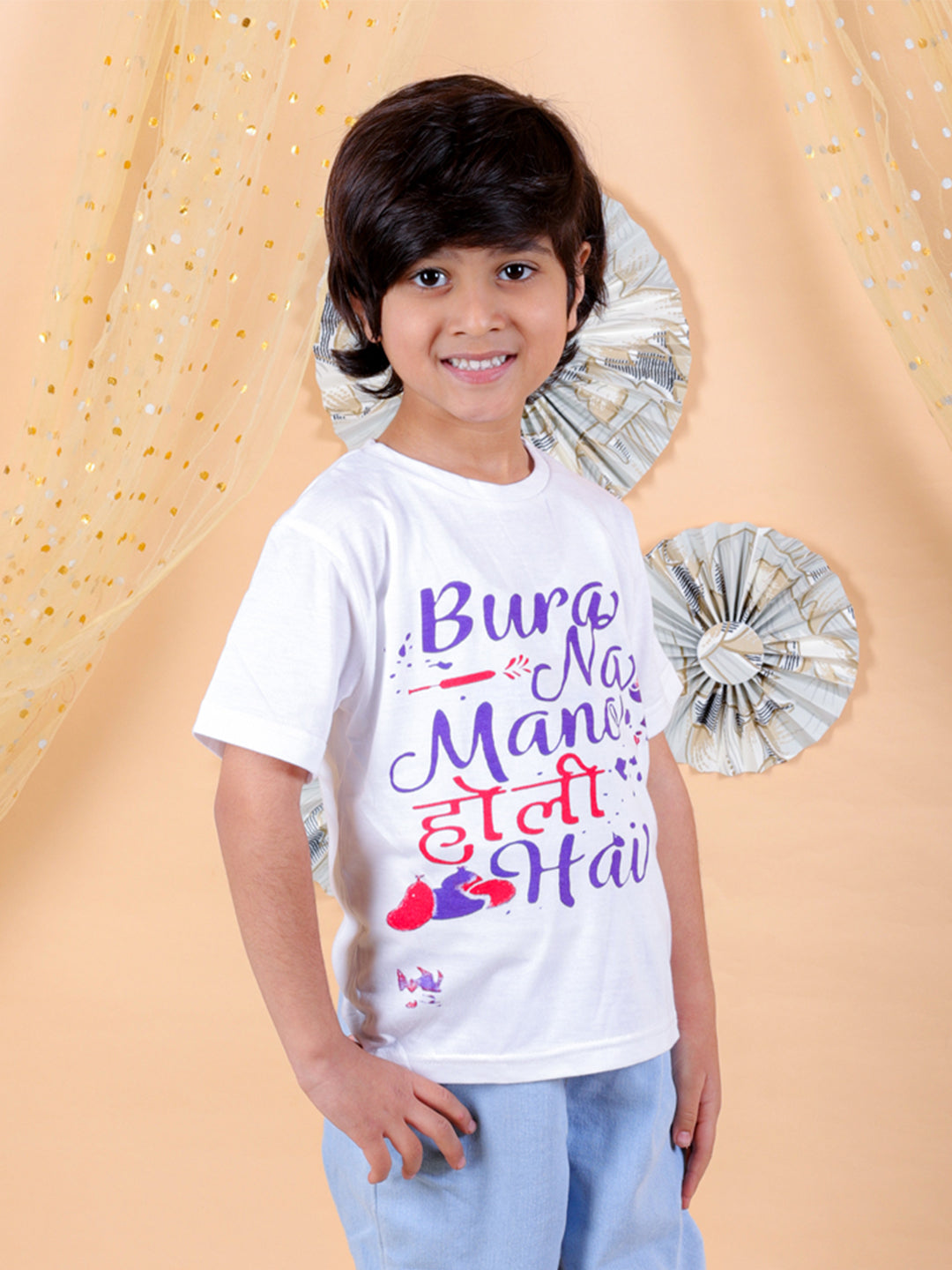 BownBee Sibling Sets Bura na Mano Holi Hai Half Sleeve Round Neck Printed T-shirt-White