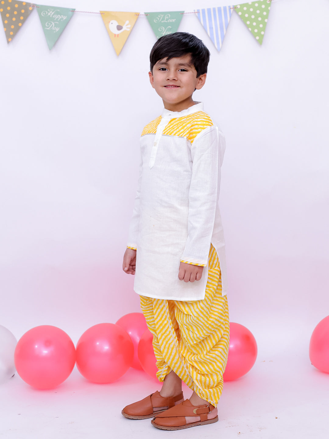 BownBee Ethnic Pure Cotton Lehriya Kurta Dhoti Set For Boys - Yellow