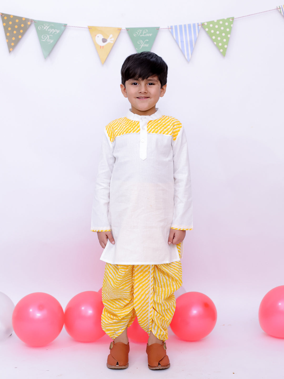 BownBee Ethnic Pure Cotton Lehriya Kurta Dhoti Set For Boys - Yellow