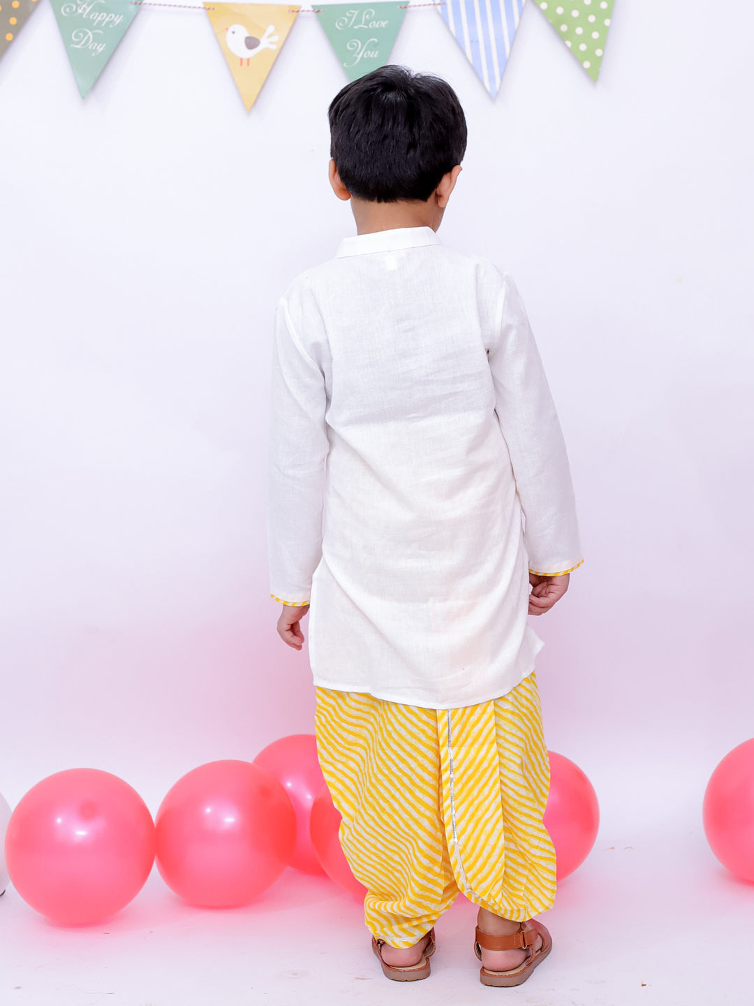 BownBee Ethnic Pure Cotton Lehriya Kurta Dhoti Set For Boys - Yellow