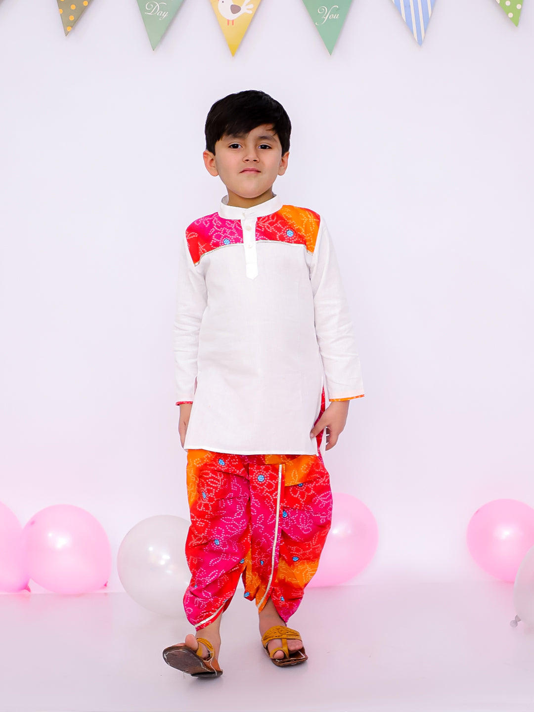 BownBee Ethnic Pure Cotton Lehriya Kurta Dhoti Set For Boys - Yellow