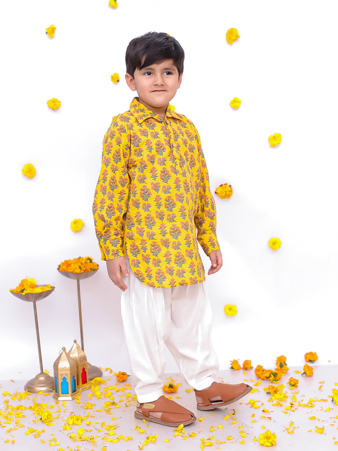 BownBee Pure Cotton Printed Pathani Kurta Salwaar Set For Boys - Yellow