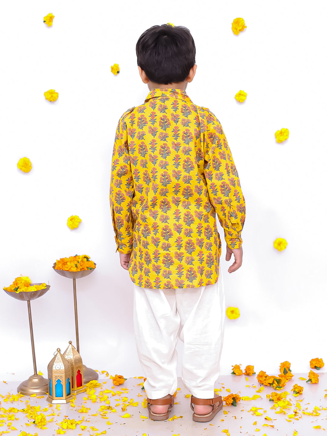 BownBee Pure Cotton Printed Pathani Kurta Salwaar Set For Boys - Yellow